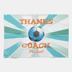 Soccer Coach Thanks, Orange on Teal, Blue Starburs Tea Towel