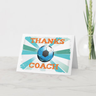 Soccer Coach Thanks, Orange on Teal, Blue Starburs Thank You Card