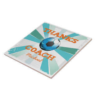 Soccer Coach Thanks, Orange on Teal, Blue Starburs Tile