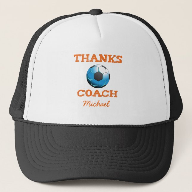 Soccer Coach Thanks, Orange on Teal, Blue Starburs Trucker Hat (Front)