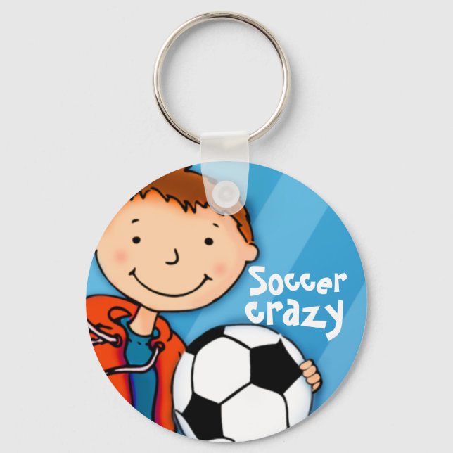 Soccer crazy blue sports kids football keychain (Front)