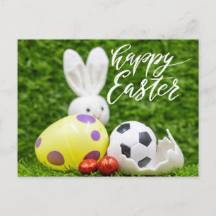 Soccer Easter with Ball and Bunny on Green Grass   Holiday Postcard