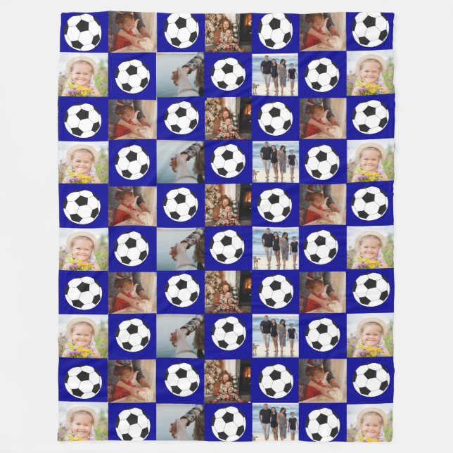 Soccer Family Collage Photo Pattern Blue Fleece Blanket (Front)