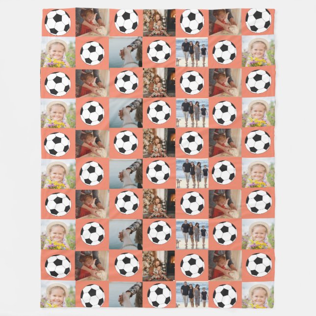 Soccer Family Collage Photo Pattern Orange Fleece Blanket (Front)