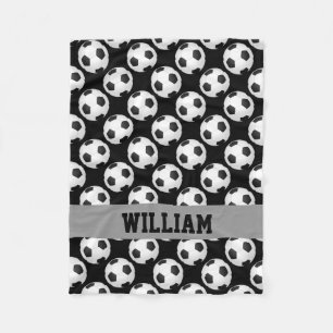 Soccer Fan Sports Personalised Name Black White Fleece Blanket
