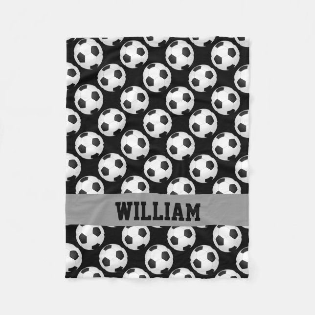 Soccer Fan Sports Personalised Name Black White Fleece Blanket (Front)