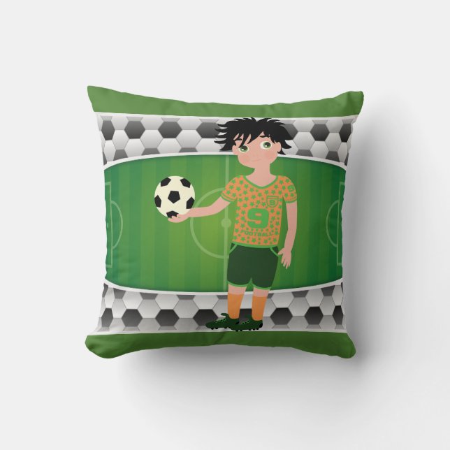 Soccer Field And Balls With Boy Holding Ball Cushion (Front)