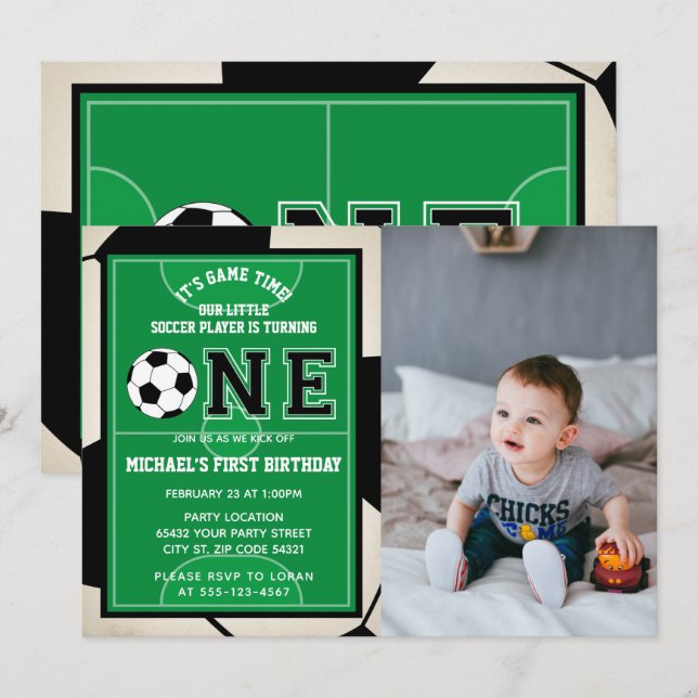 Soccer First Birthday Photo Invitation (Front/Back)