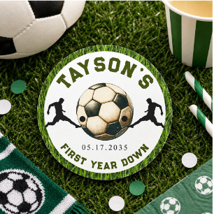 Soccer First Year Down 1st Birthday Classic Round Sticker