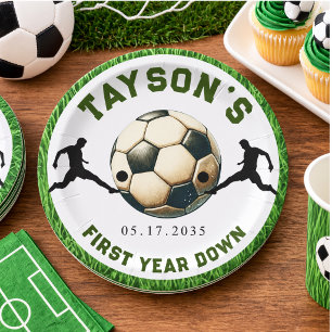 Soccer First Year Down 1st Birthday Paper Plate