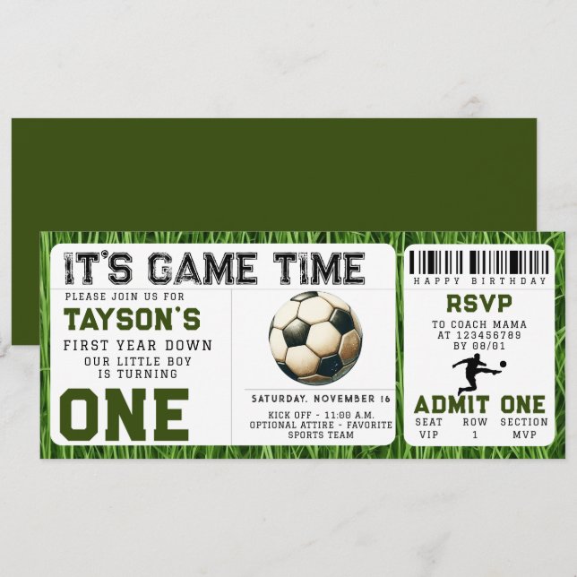Soccer First Year Down 1st Birthday Ticket Invitation (Front/Back)