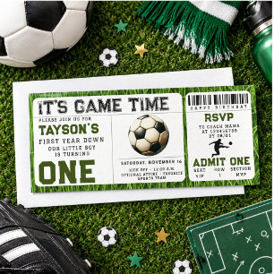 Soccer First Year Down 1st Birthday Ticket Invitation