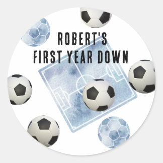 Soccer First Year Down Birthday Party Classic Round Sticker