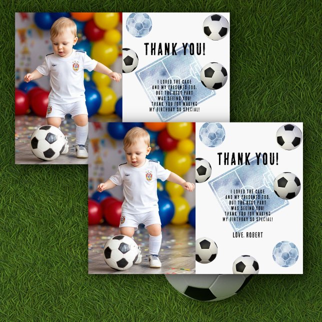 Soccer First Year Down Birthday Thank you Card (Creator Uploaded)