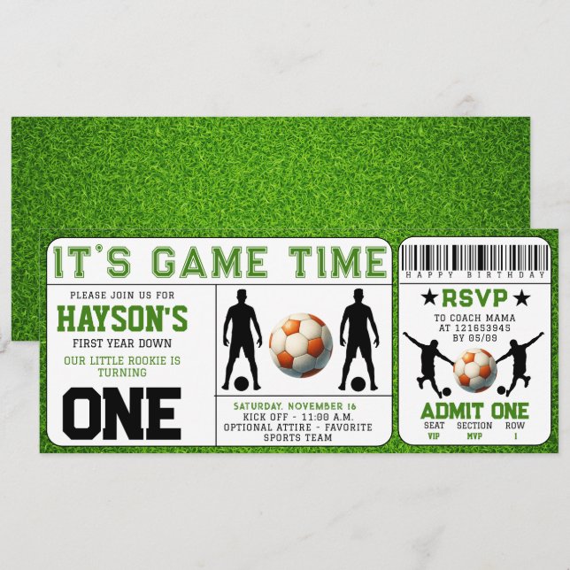 soccer First Year Down Ticket 1st Birthday  Invitation (Front/Back)