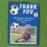 Soccer Football Ball Blue Sports Coach Thank You Card<br><div class="desc">Soccer Football Ball Blue Sports Thank you Coach Card. Soccer thank you coach card with photo, thank you text, coach name, team name, year, your name and soccer balls. Photo thank you card - add your photo to the template. Personalise the card with names and your text. Great thank you...</div>