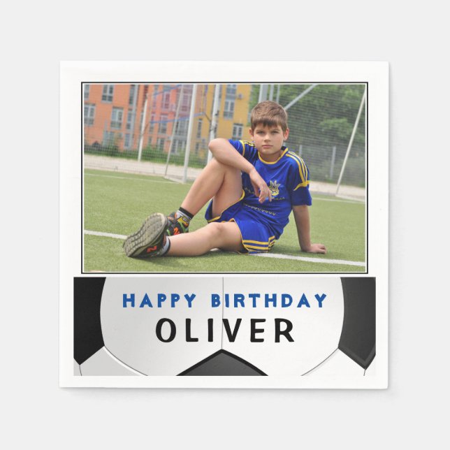 Soccer Football Ball Boy Photo Birthday Party Napkin (Front)