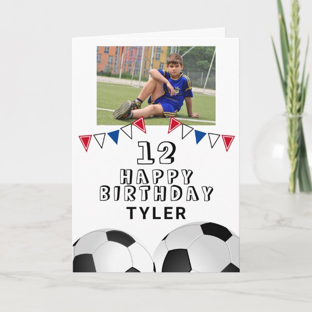 Soccer Football Ball Bunting Flags Photo Birthday Card (Front)