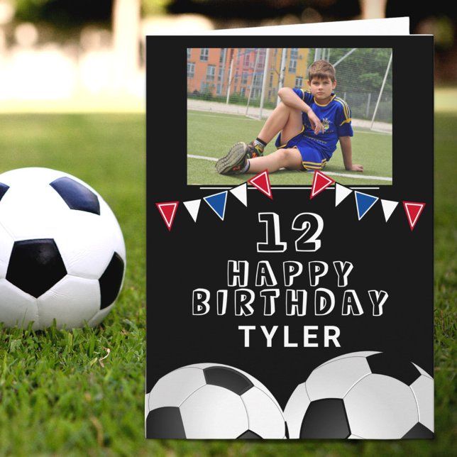 Soccer Football Ball Flags Black Photo Birthday Card (Creator Uploaded)