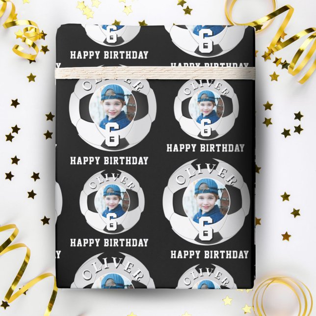 Soccer Football Ball Kids Happy Birthday Age Photo Wrapping Paper (Creator Uploaded)
