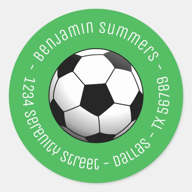 Soccer Football Ball on Green Custom Text Classic Round Sticker (Front)