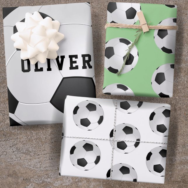 Soccer Football Ball Pattern Kids Name Birthday Wrapping Paper Sheet (Creator Uploaded)