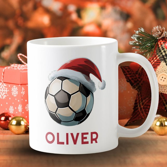 Soccer Football Ball Red Santa Hat Name Christmas  Coffee Mug (Creator Uploaded)