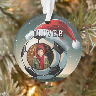 Soccer Football Ball Santa Hat Christmas Photo Ornament