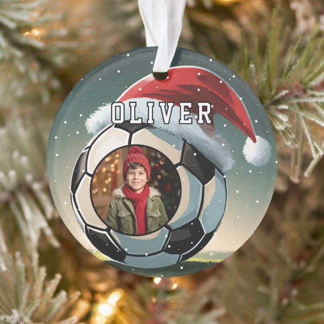Soccer Football Ball Santa Hat Christmas Photo  Ornament (Tree)