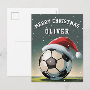 Soccer Football Ball Santa Hat Merry Christmas Holiday Postcard