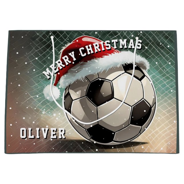 Soccer Football Ball Santa Hat Merry Christmas  Large Gift Bag (Front)