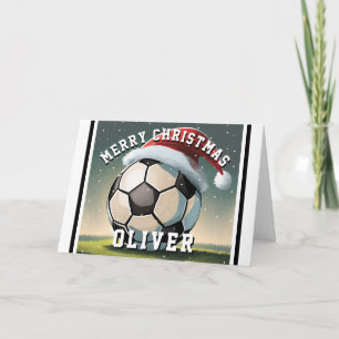 Soccer Football Ball Santa Hat Name Christmas Card