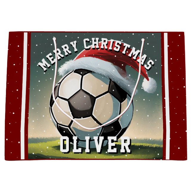 Soccer Football Ball Santa Hat Name Christmas  Large Gift Bag (Front)