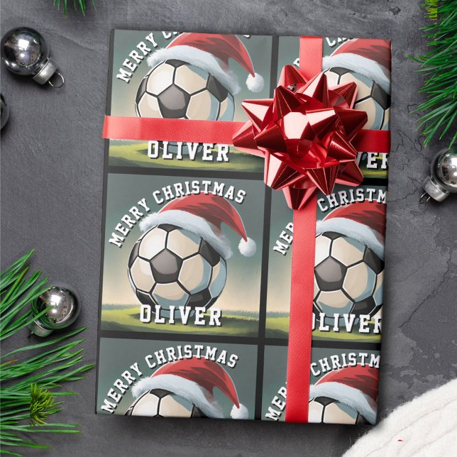 Soccer Football Ball Santa Hat Name Christmas  Wrapping Paper (Creator Uploaded)