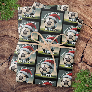 Soccer Football Ball Santa Hat Name Christmas Wrapping Paper Sheet