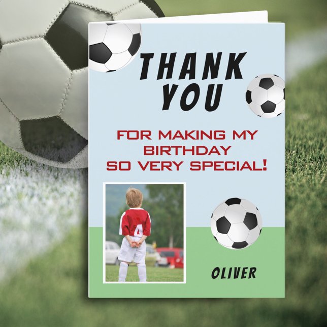 Soccer Football Ball Sports Kids Birthday Photo Thank You Card (Creator Uploaded)