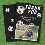 Soccer Football Ball Sports Thank you Coach<br><div class="desc">Black and White Soccer Football Ball Sports Thank you Coach. Soccer thank you coach card with photo, thank you text, coach name, team name, year, your name and soccer balls. Photo thank you card - add your photo to the template. Personalise the card with names and your text. Great thank...</div>