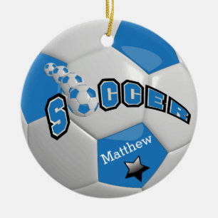 Soccer Football Ball Star Player   Blue Ceramic Tree Decoration
