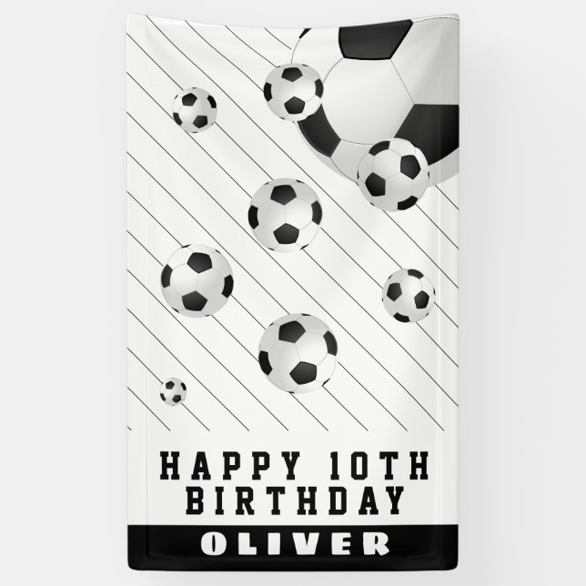 Soccer Football Balls Black & White Birthday Party Banner (Vertical)