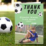 Soccer Football Balls Green Thank you Coach Photo<br><div class="desc">Soccer Football Balls Sports Green Thank you Coach Card with a Photo. Soccer thank you coach card with photo, thank you text, coach name, team name, year, your name and soccer balls. Photo thank you card - add your photo into the template. Personalize the card with names and your text....</div>