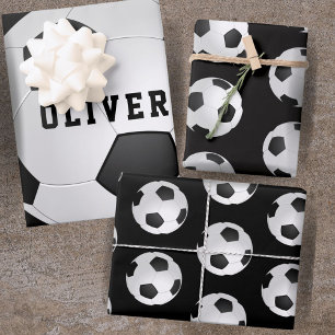 Soccer Football Balls Kids Name Black Birthday Wrapping Paper Sheet