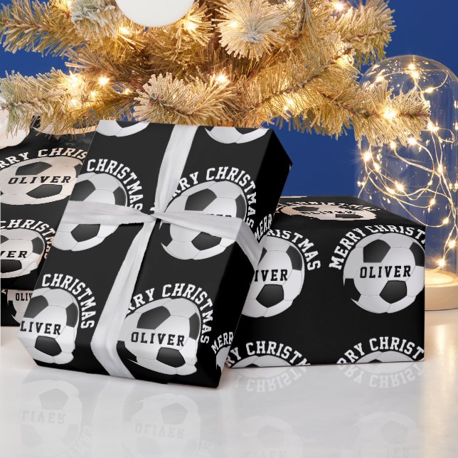 Soccer Football Balls Kids Name Black Christmas  Wrapping Paper (Holidays)