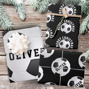 Soccer Football Balls Kids Name Black Christmas Wrapping Paper Sheet