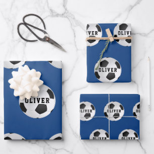 Soccer Football Balls Kids Name Blue Birthday Wrapping Paper Sheet