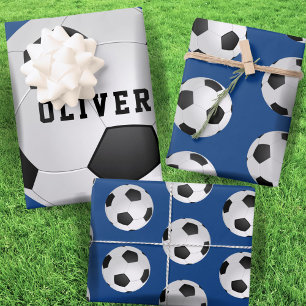 Soccer Football Balls Kids Name Blue Birthday Wrapping Paper Sheet
