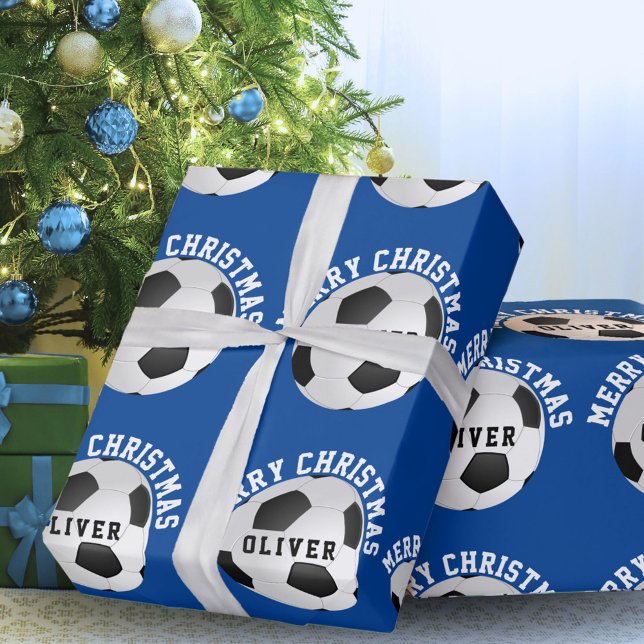 Soccer Football Balls Kids Name Blue Christmas  Wrapping Paper (Creator Uploaded)