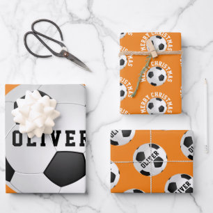 Soccer Football Balls Kids Name Orange Christmas Wrapping Paper Sheet