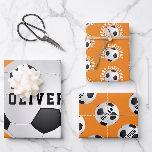 Soccer Football Balls Kids Name Orange Christmas Wrapping Paper Sheet (Front)