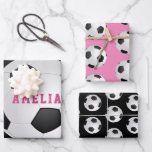 Soccer Football Balls Kids Name Pink Birthday Wrapping Paper Sheet<br><div class="desc">Soccer Football Balls Kids Name Pink Black Birthday Wrapping Paper Sheets. Personalise with your name or erase the text.</div>