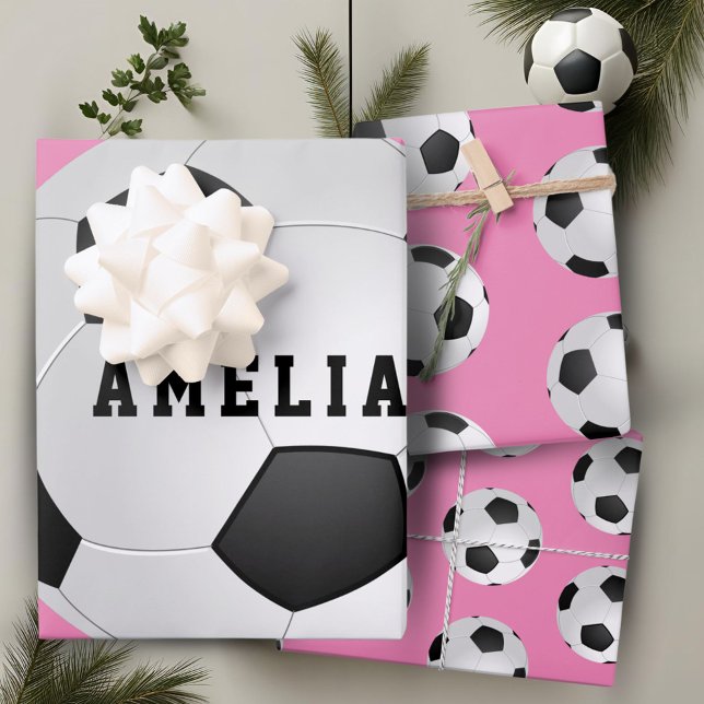Soccer Football Balls Kids Name Pink Birthday  Wrapping Paper Sheet (Creator Uploaded)